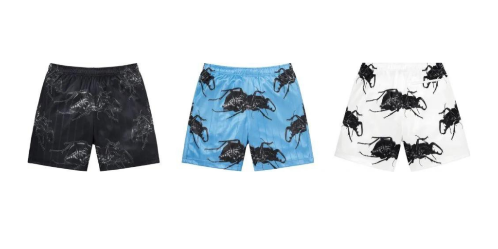 pantaloncini corti supreme, colore nero, azzurro, bianco, stampa scarabeo, massive attack